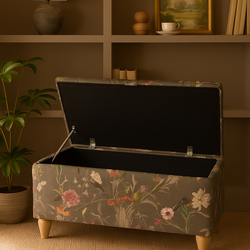 Floral-patterned storage bench with open lid in a room setting.