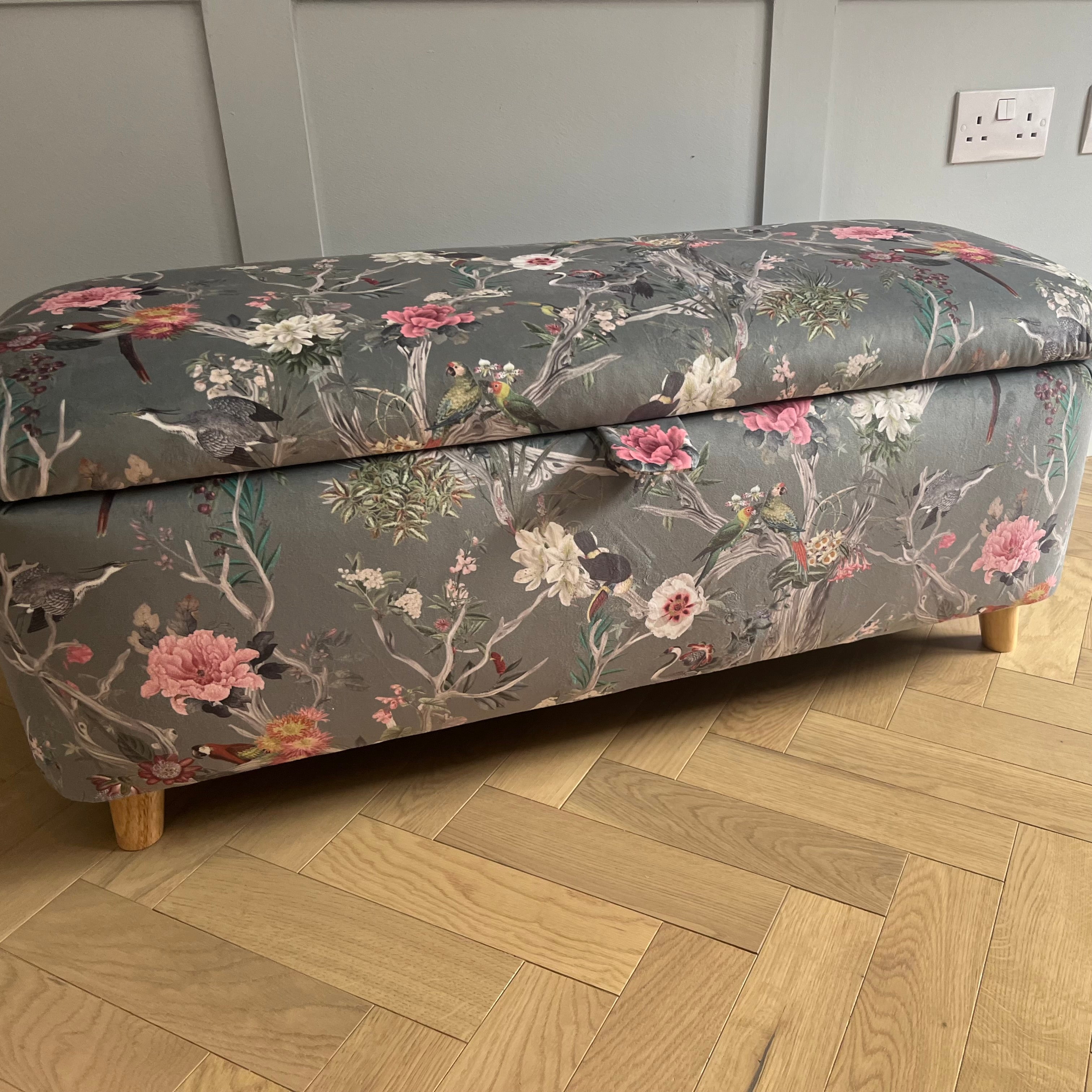 rain silver botanical grey ottoman storage box with wooden feet