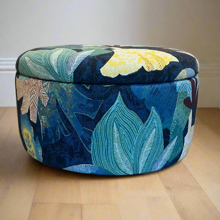 side view of a dark blue tropical ottoman