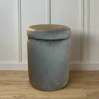 slate grey storage pouffe with thick comfortable cushioned seat and luxury soft velvet grey fabric