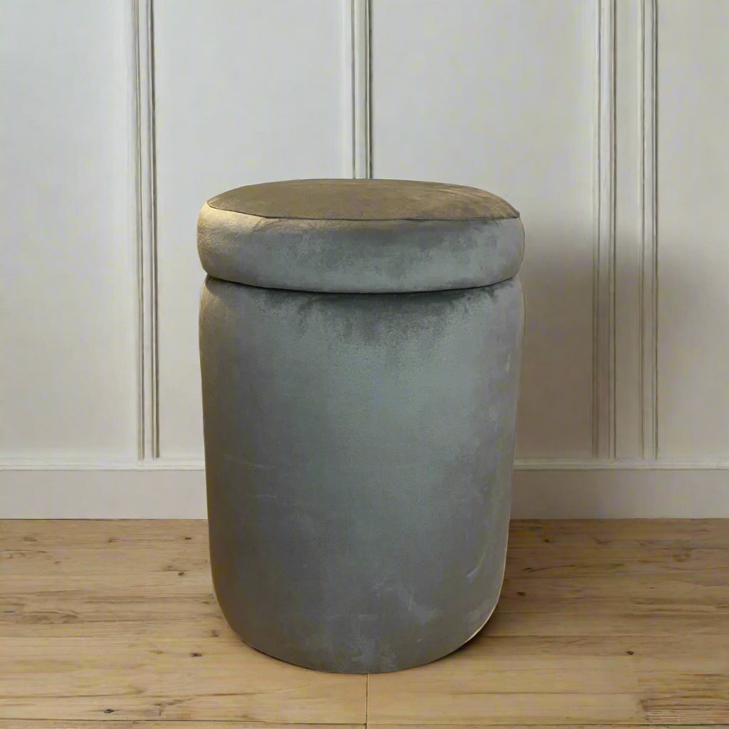 slate grey storage pouffe with thick comfortable cushioned seat and luxury soft velvet grey fabric