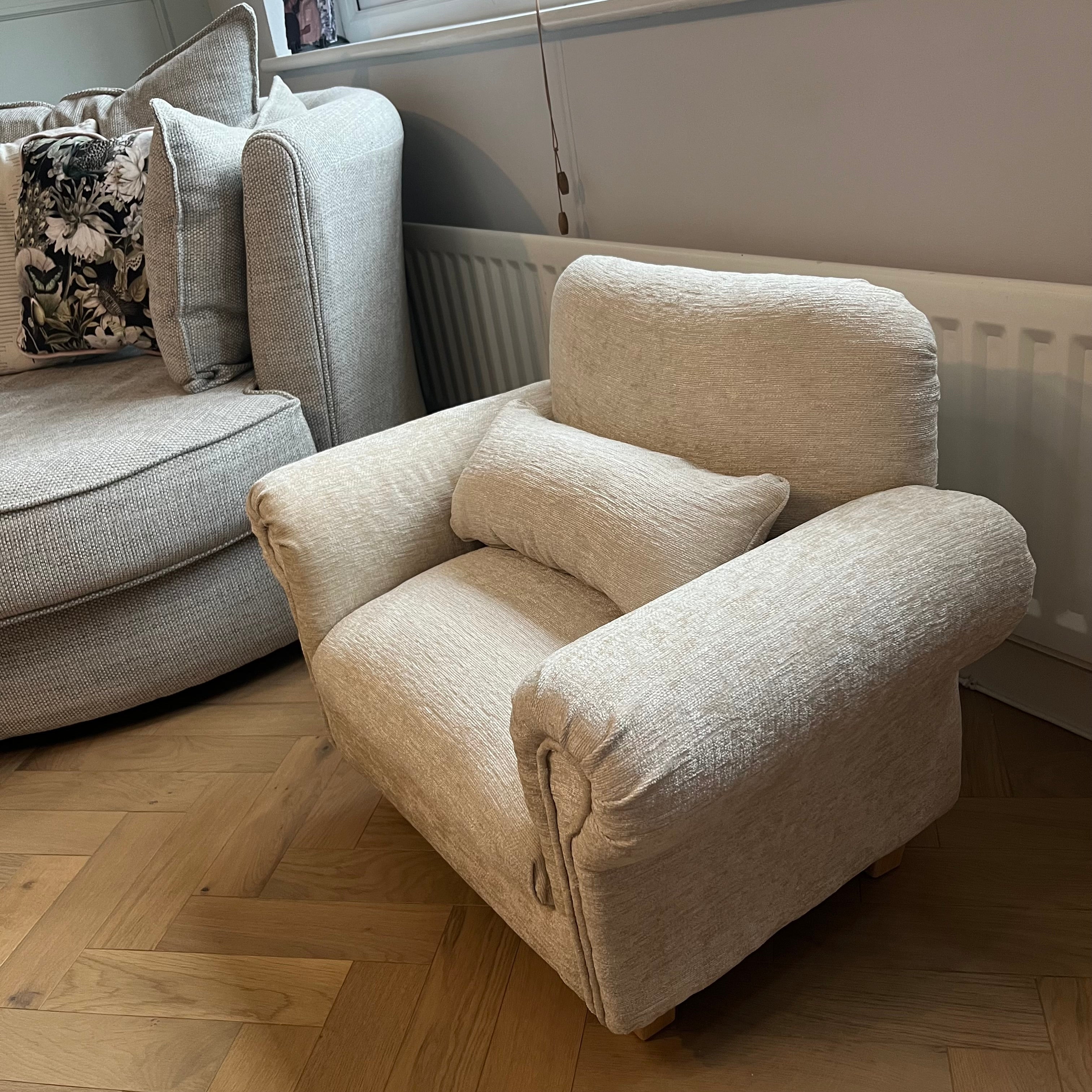 miniature handmade pet sofa in a beige chenille fabric