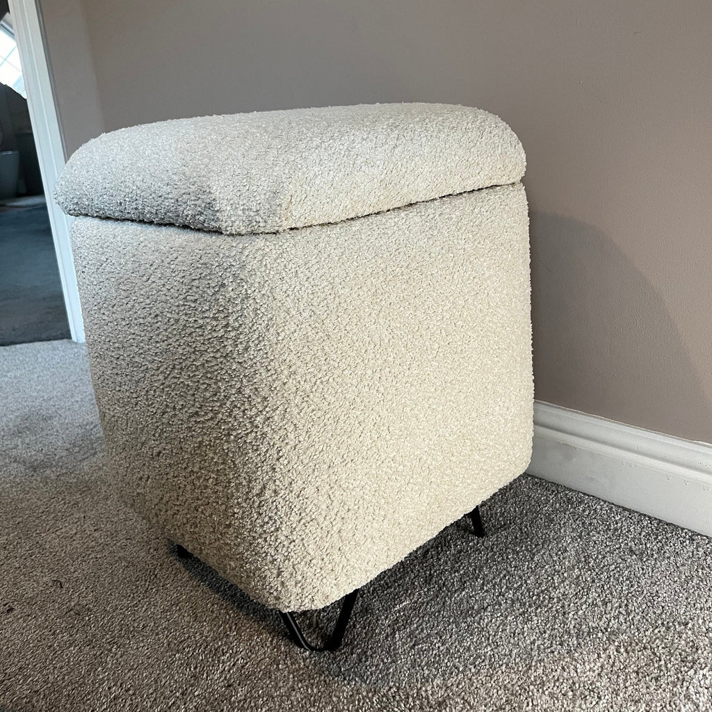 Square boucle teddy storage dressing table stool in cream 