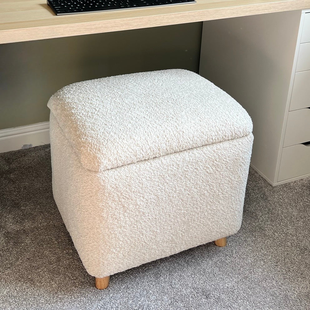 white vanity desk chair in teddy boucle soft fabric and wooden feet