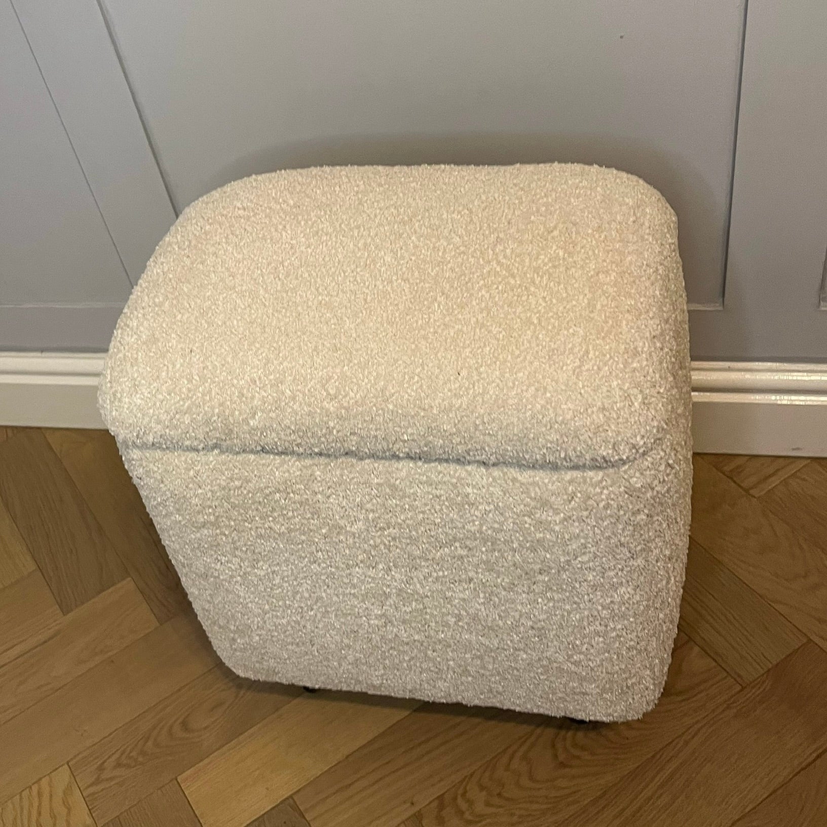cream teddy boucle storage ottoman for vanity dressing table