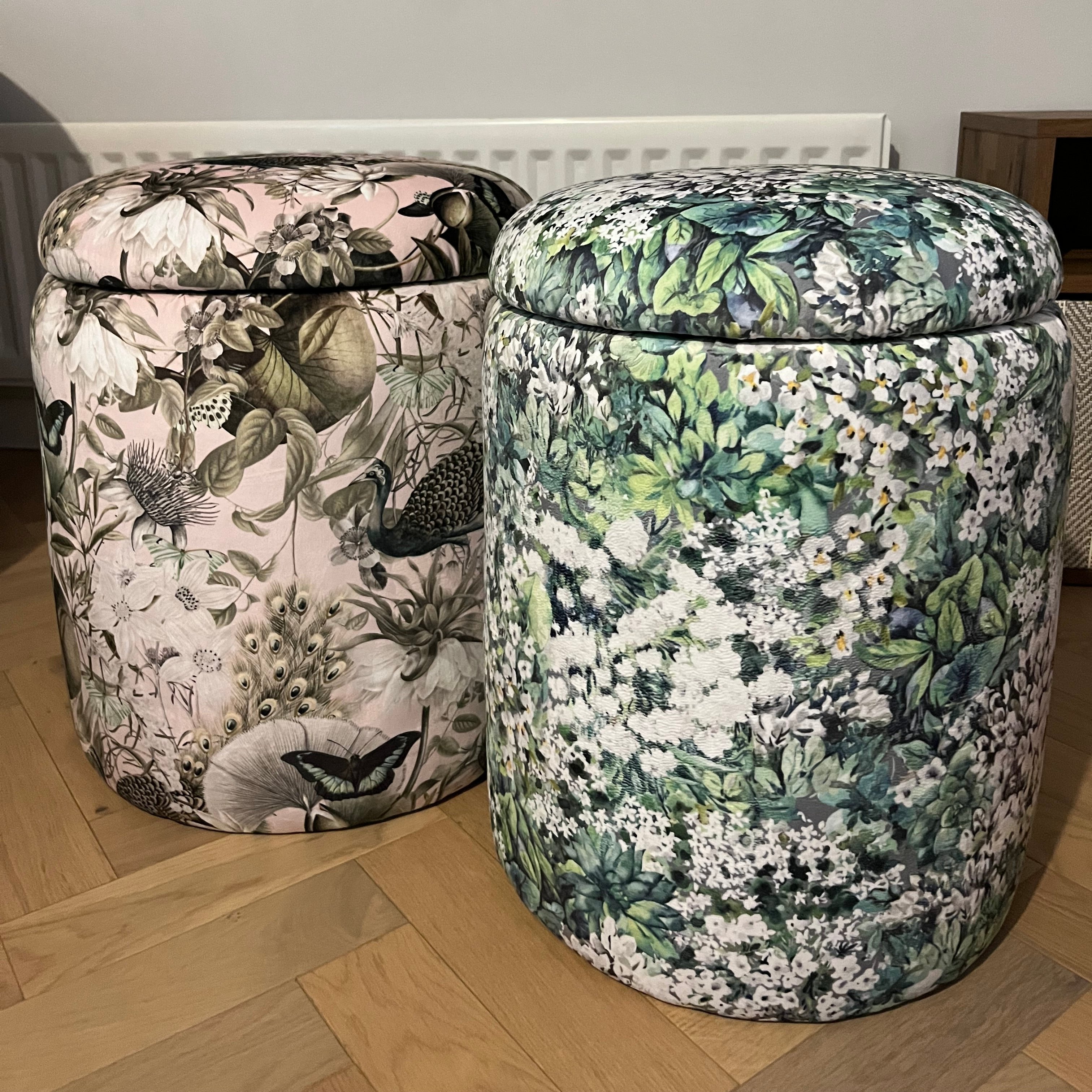 meadows storage pouffe and utopia pink dressing table stools in soft printed velvet 