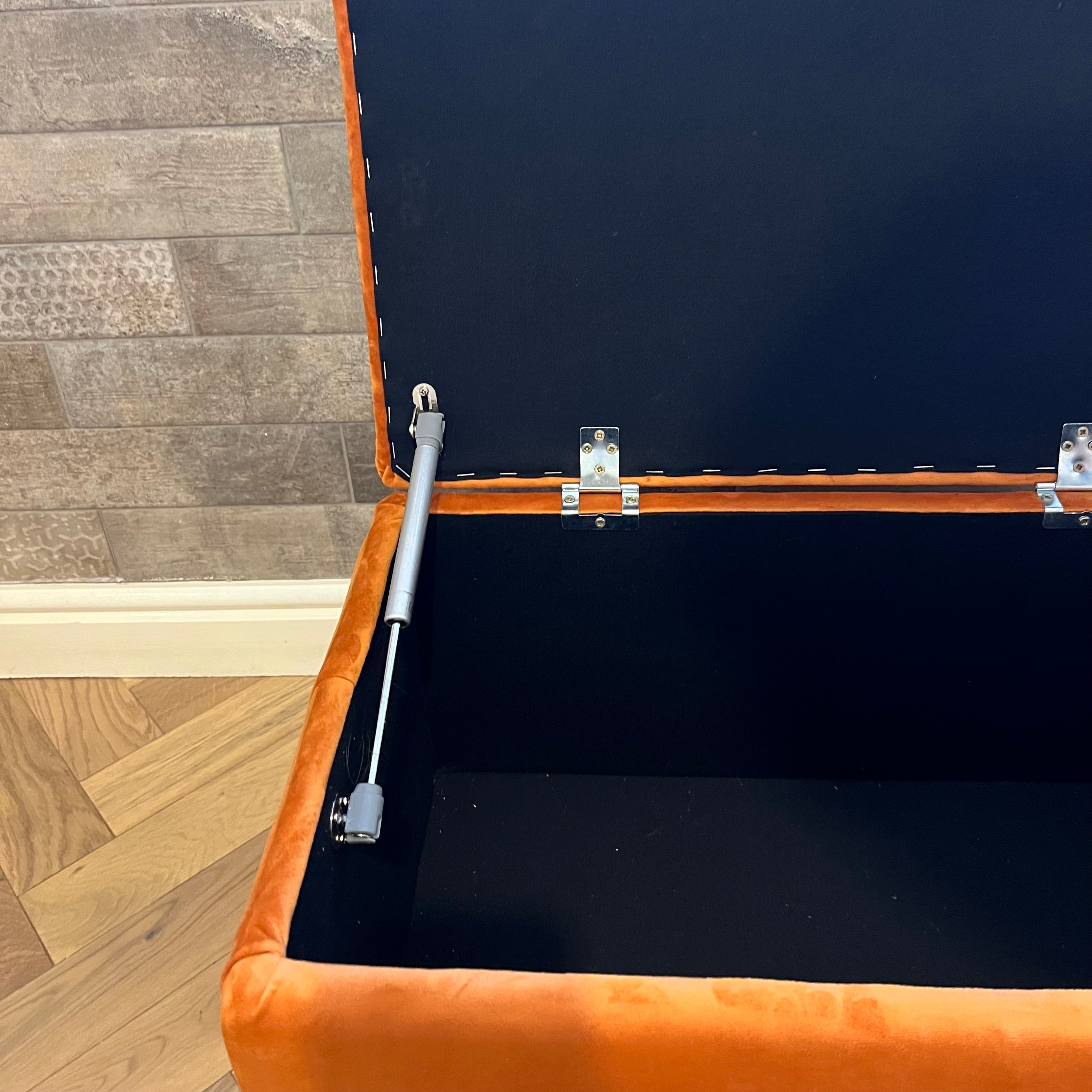 gas strut in storage ottoman box with orange velvet upholstered fabric